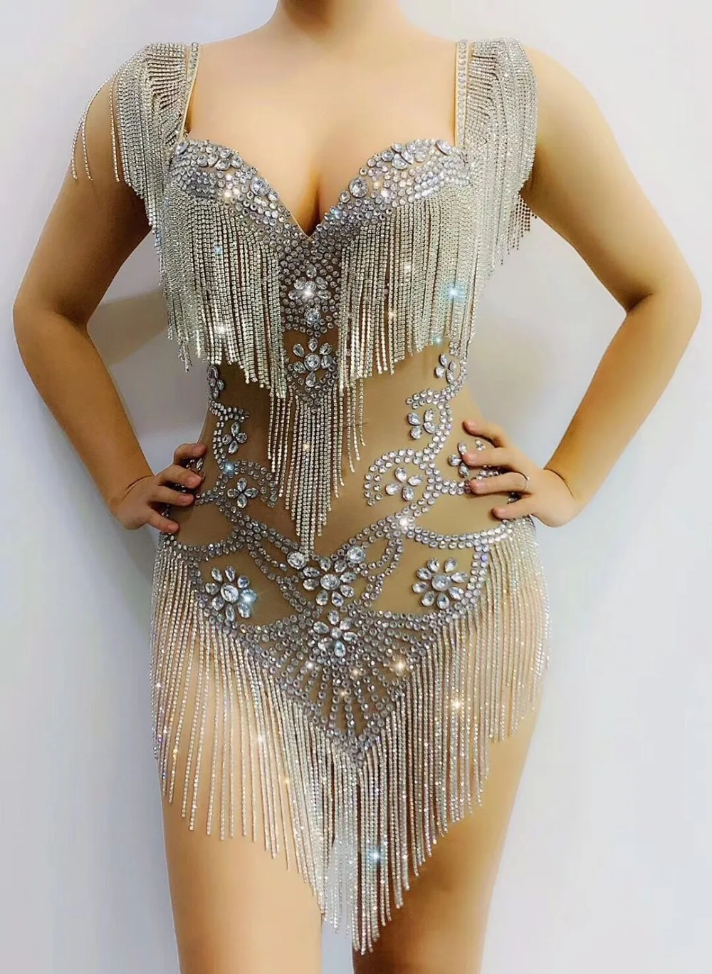 Mesh strass franjes sexy bodysuit vrouwen verjaardag vieren jurk kostuums outfit prom verjaardag outfit