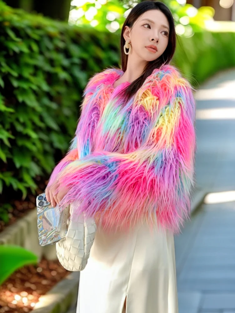 Female Autumn/Winter Colourful Faux Fur Coat Lady Furry Streetwea Shaggy Outerwear Women's Short Jacket Performance Costume