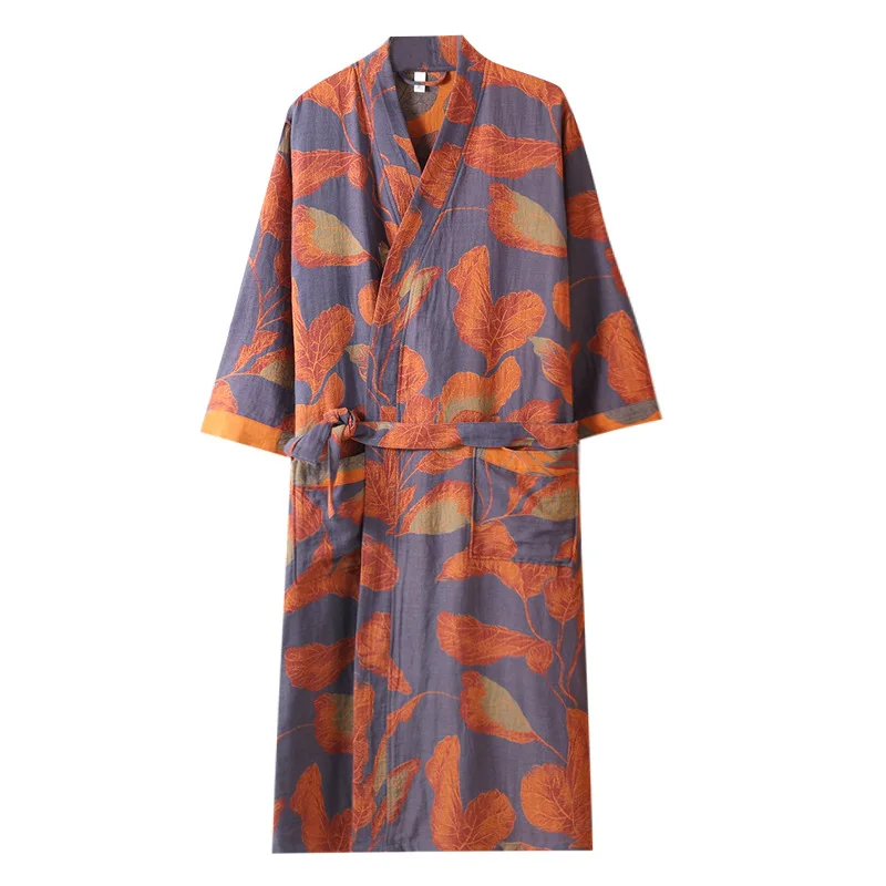 Chinese-style Color-woven Jacquard Cotton Gauze Men\'s Nightgown Seven-quarter-sleeved Bathrobe Loungewear Autumn Loose Robes