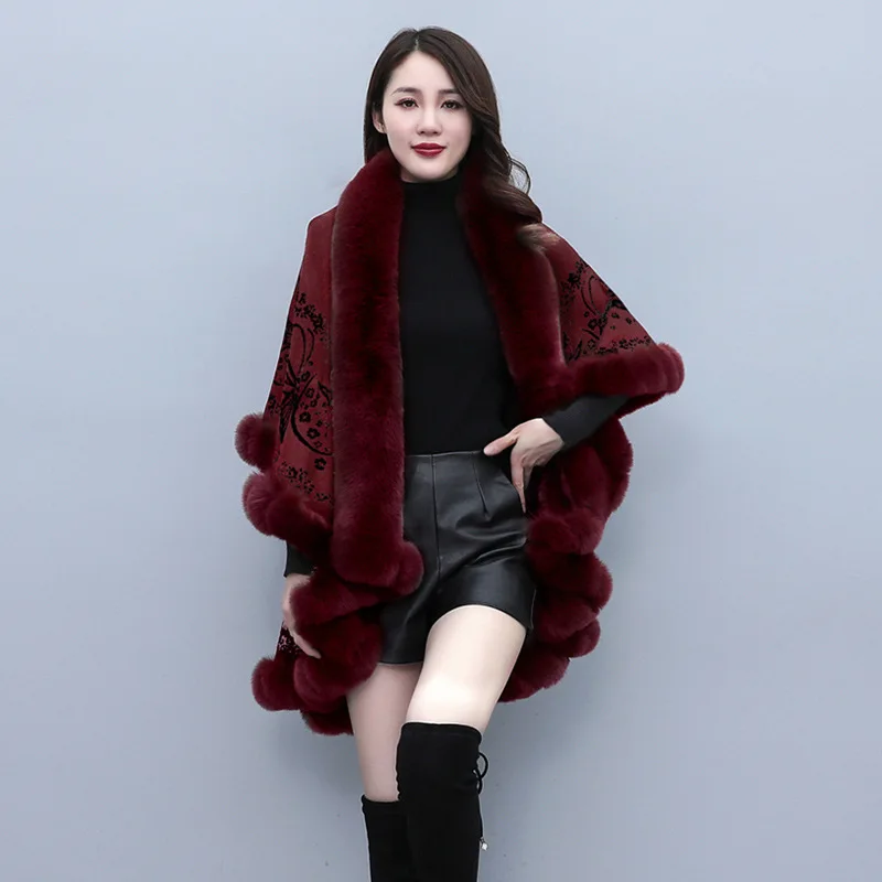 

Fur Collar Cape Jacquard Poncho Knitting Winter Coat for Women Cascade The New Shawl Woolen Loose Plus Size Cardigan Coats Faux