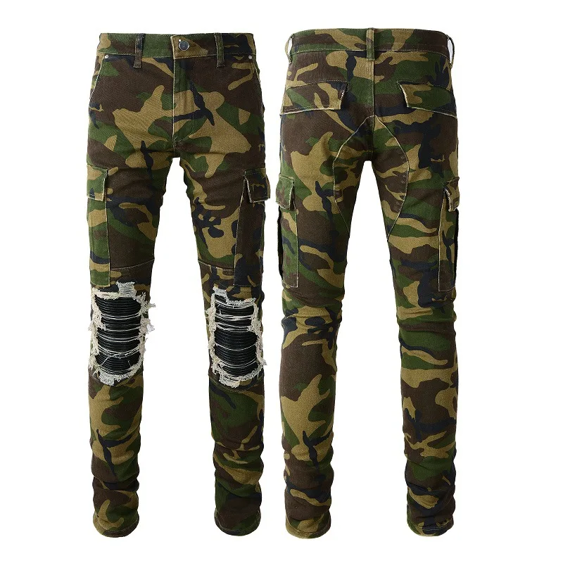 

American high street men's camouflage jeans men's outdoor ripped elastic slim pants men's pants