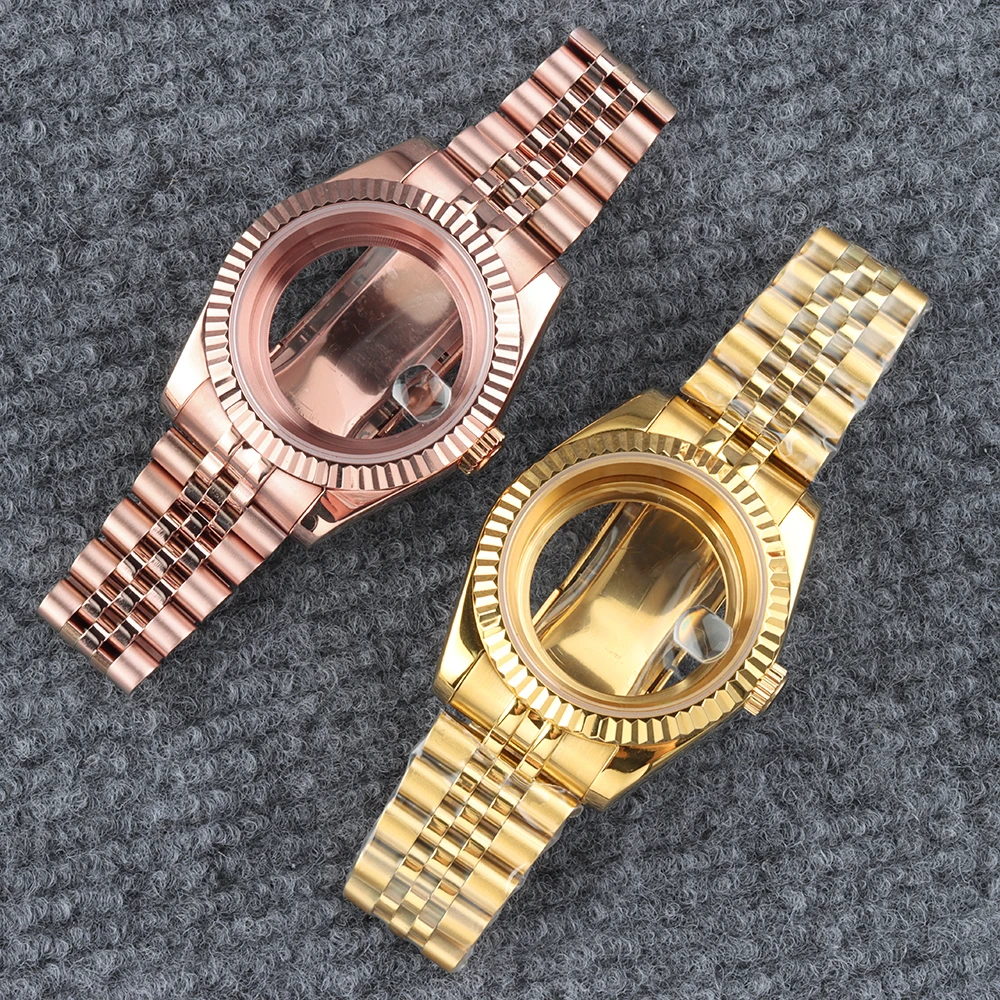 Rose Gold PVD NH35 Case 36mm 39mm Sapphire glass Watch Case For NH35 NH36 Movement 28.5mm Dial Stainless Steel Jubilee Strap