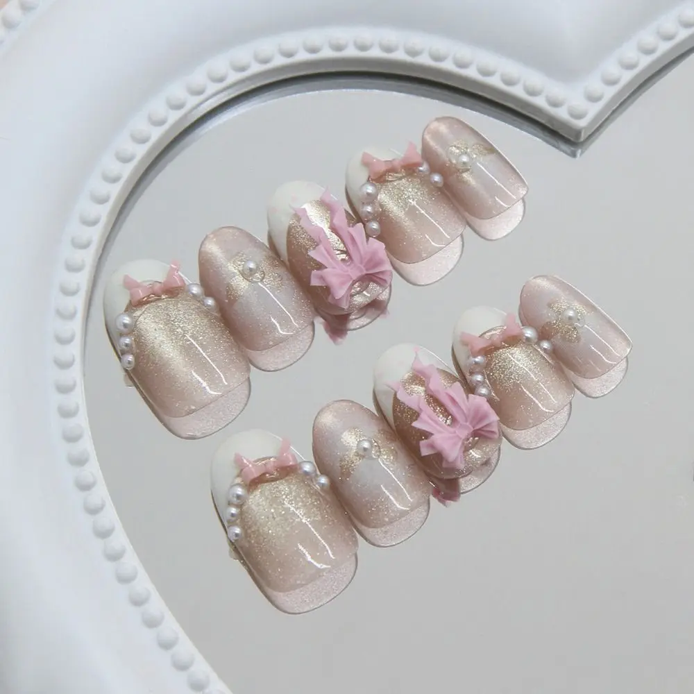 Manicure Long Almond False Nails French Dot Dancing Butterfly Press on Nails Sweet Pink Bow Simple Nail Tips Women