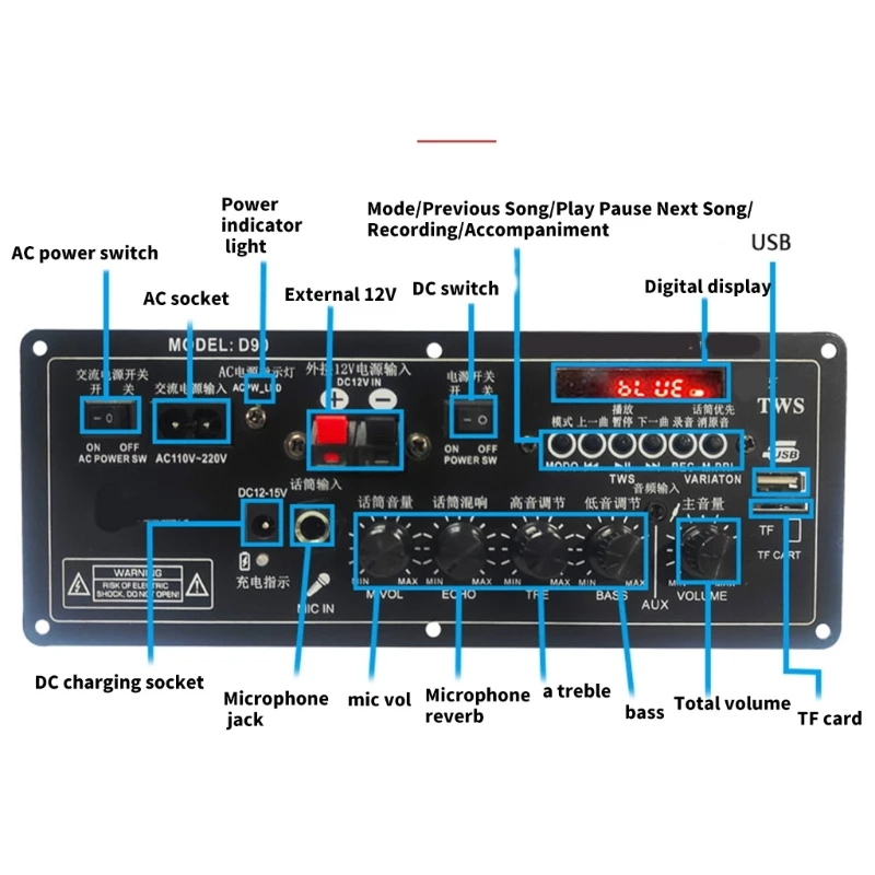 Placa amplificadora auditiva sem fio D90 2 canais para carro auditivo doméstico