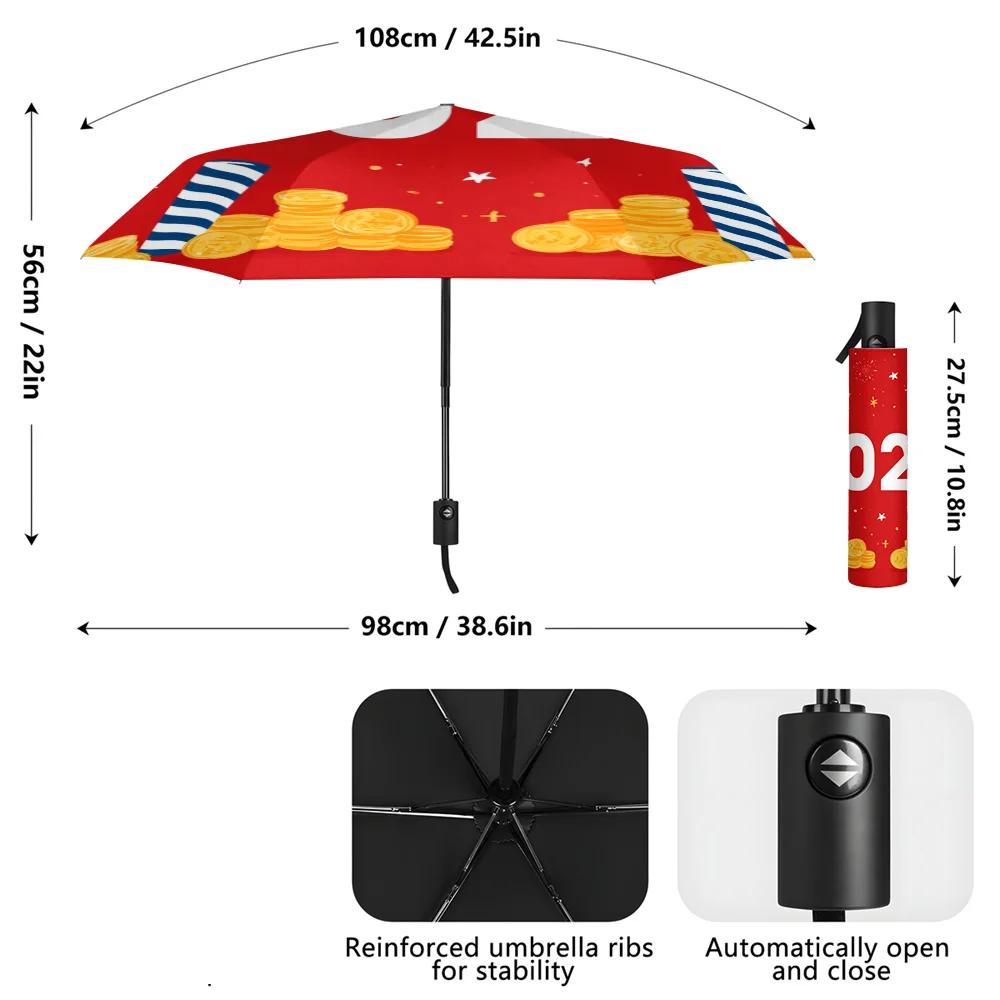 1 Festive Folding Umbrella | Durable Iron and Pongee Canopy with 2D Fireworks and Coins Print, Ideal for 2026 New Year Celebra - view 6