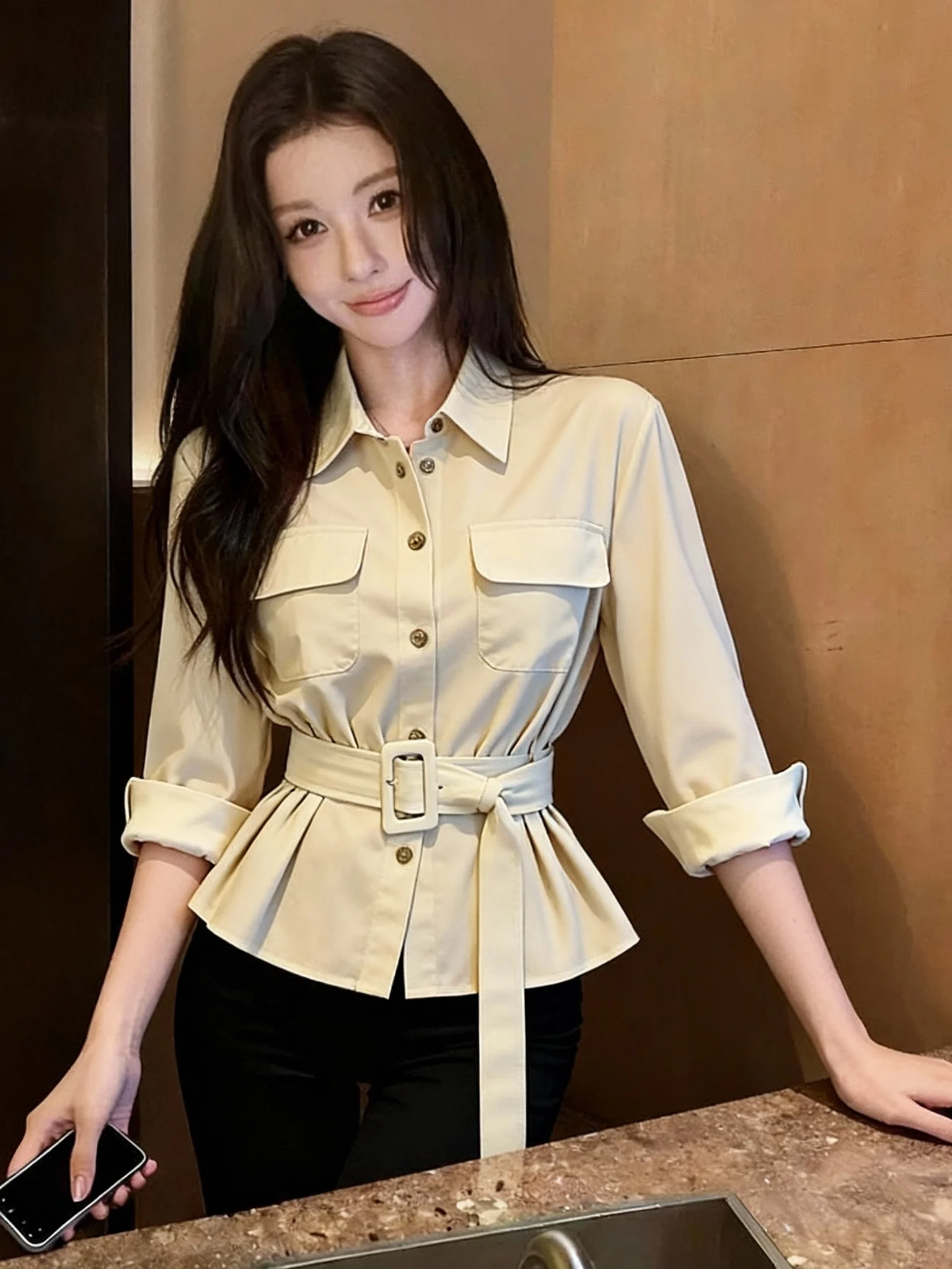 

Рубашка с воротником POIO в стиле ретро, женская, с рукавами 3/4, с поясом и карманами, осенне-зимняя, в стиле Гонконг, шикарная