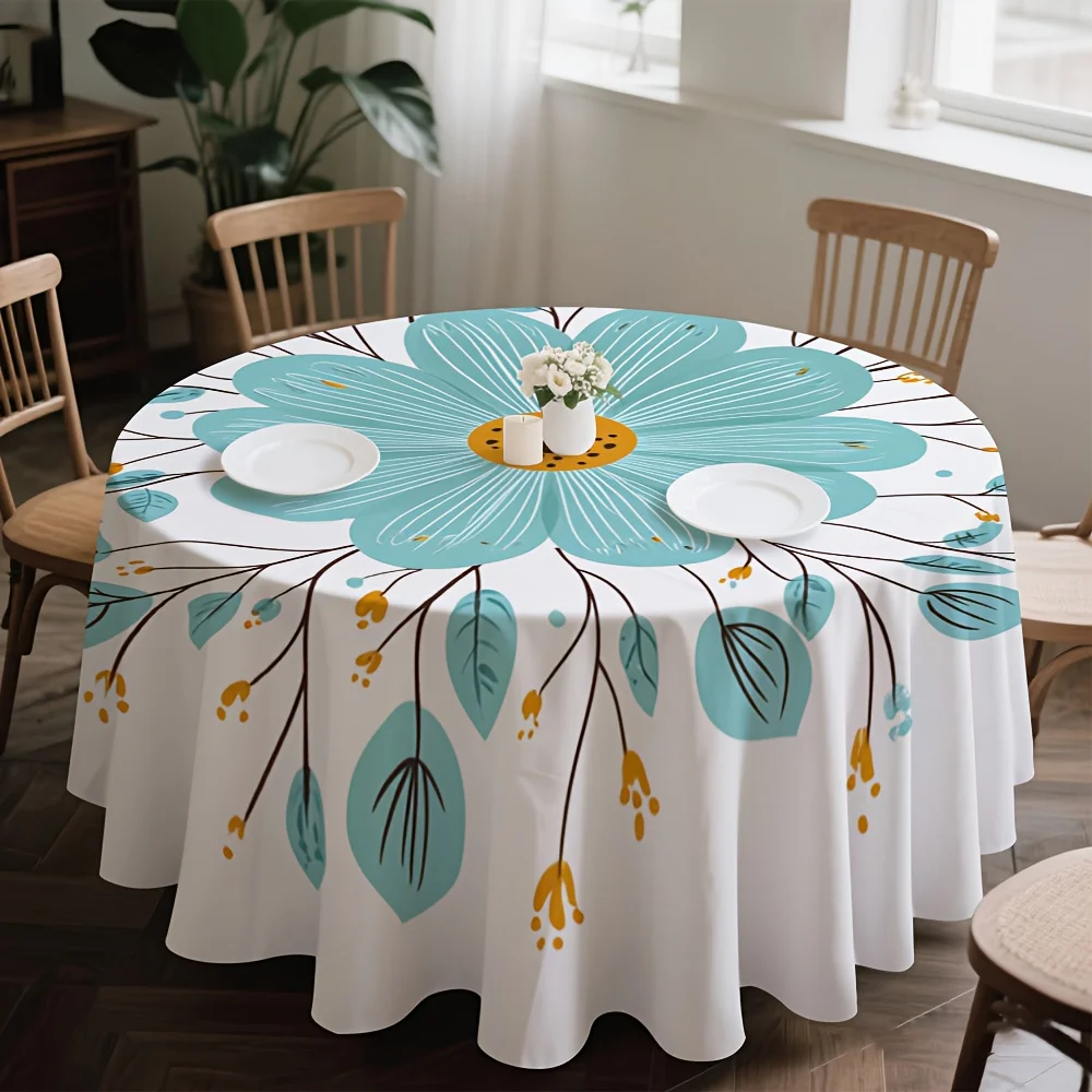 One turquoise-colored round tablecloth, suitable for a cozy dinner party - elegant floral patterns are in full bloom.zyc