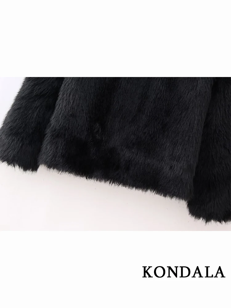 KONDALA Vintage Black Faux Fur Leather Night Party Cardigan Fashion 2023 Autumn Chic Luxury Jackets V Neck Elegant Women Outwear