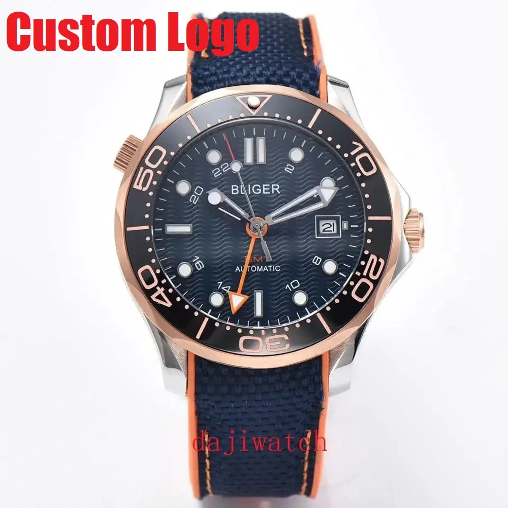 

41mm BLIGER Fashion Round Men Automatic Watch GMT Sapphire Glass Blue sterile Dial Date Window Rubber Strap