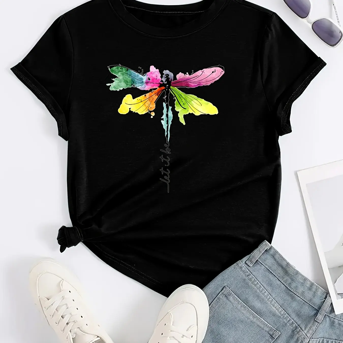 Dragonfly Print Crew Neck T-Shirt Casual Short Sleeve T-Shirt For Spring & Summer Women's Clothing casual basics O-collar tshirt