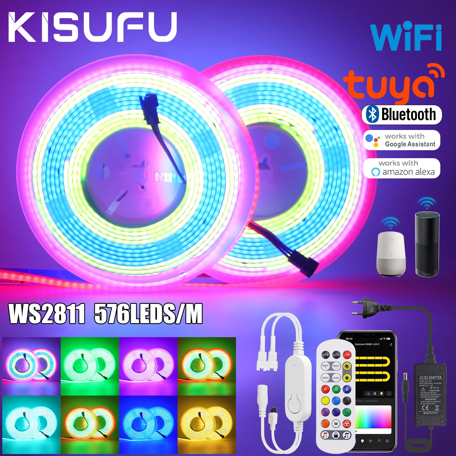 WS2811 Tuya WiFi Bluetooth RGB COB LED Strip Light Kit DC12/24V 576LEDs/m High Density Addressable Flexible FOB Light Tape 3M 5M