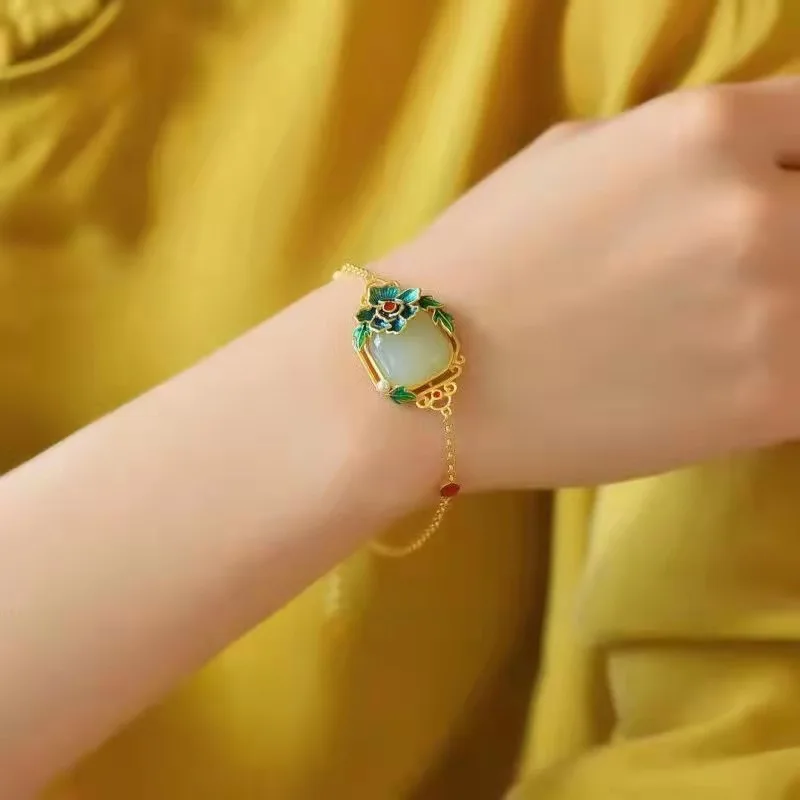 New Chinese enamel color burned blue peony bracelet 9999gold