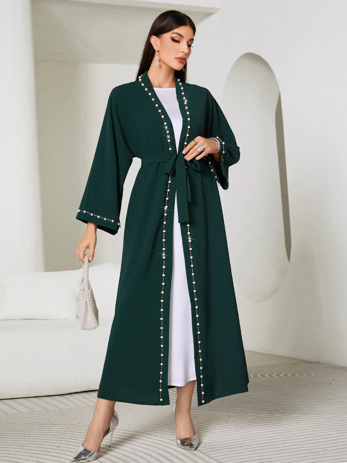 Ramadan Islamic Dark Green Vintage Nailed Beads Long Style Waistband Free Muslim Luxury Fashion Women's Arabic Dress