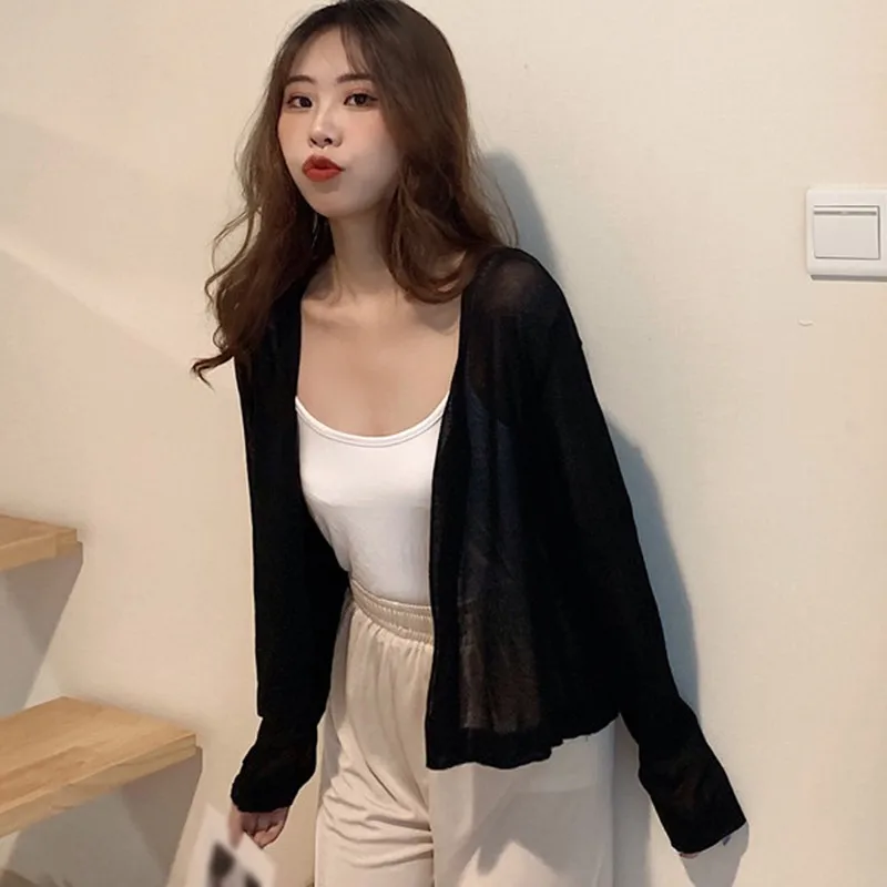 Women\'s V-Neck Single Breasted Casual Knitted Long-Sleeved Thin Sumemr Cardigan Fashion Solid Color Sun-Proof Shirt All-Match