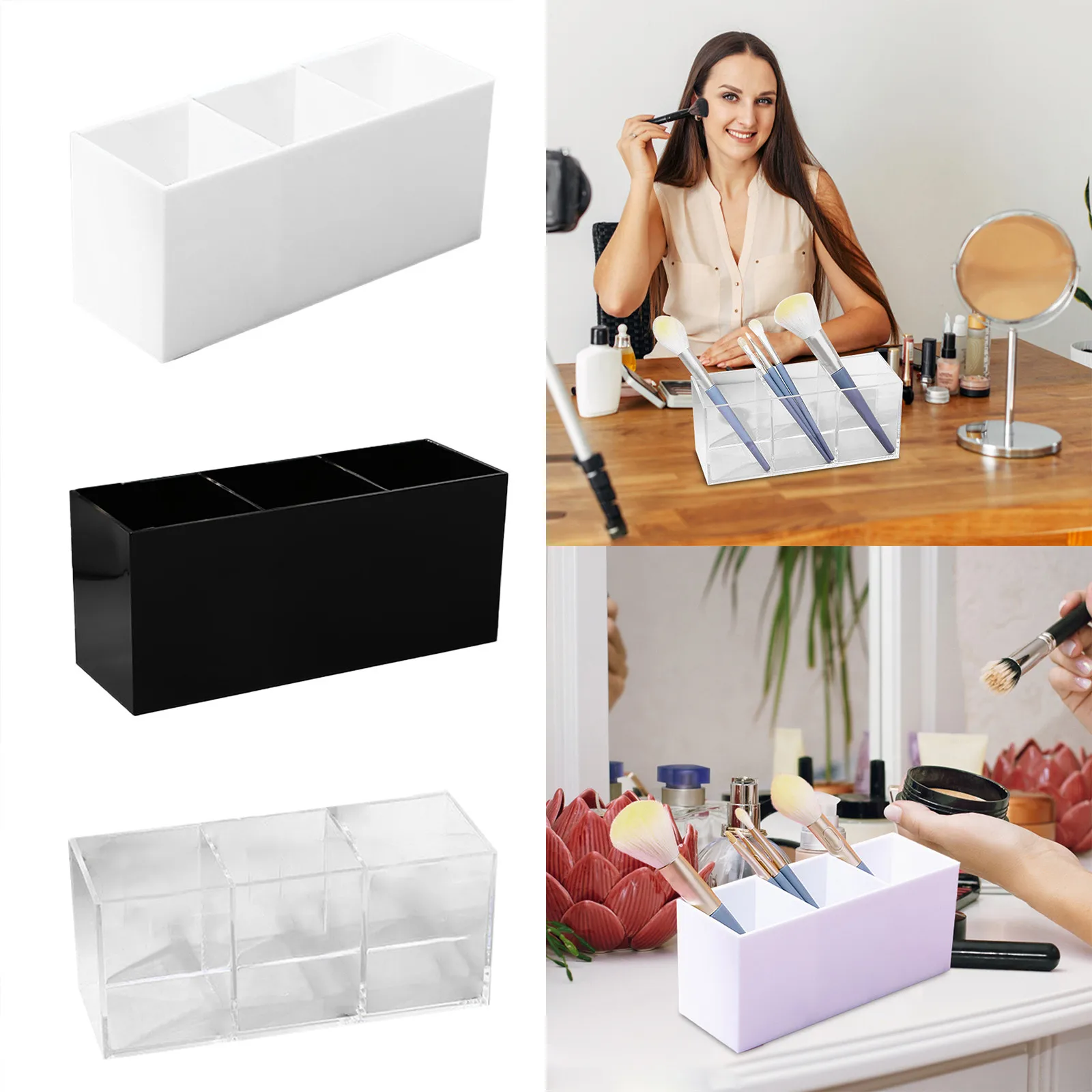 Three Compartments Acrylic Transparent Pen Holder Makeup Brush Barrel Acrylic Cosmetics Storage Lip Balm Lip Gloss Eyebrow