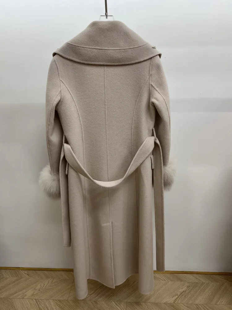 ZMEENNA Abrigo de lana rosa para mujer adornado con cuentas florales puños de piel con cinturón largo elegante prendas de vestir exteriores de invierno ZM4201