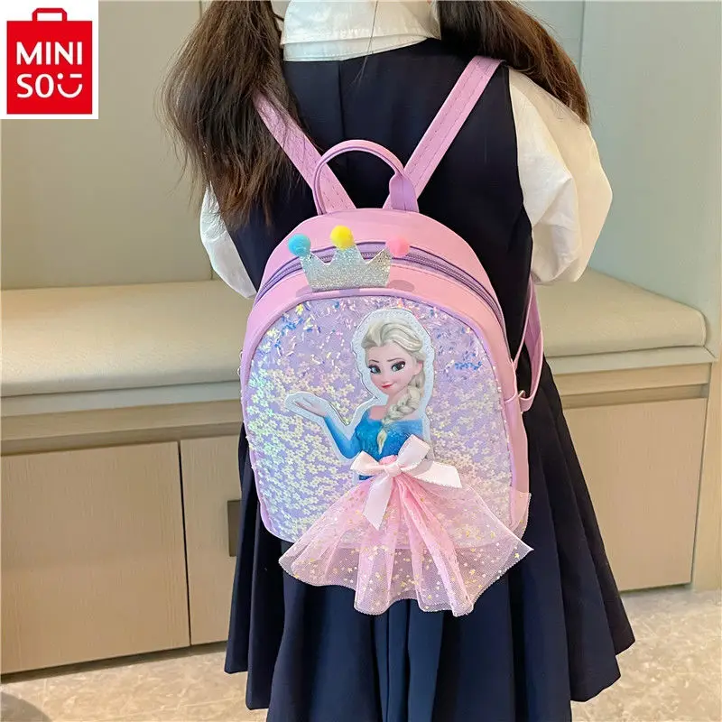 Miniso 2024 neue Cartoon Elsa Prinzessin 3d Pailletten Kleid Bogen Rucksack leichte und süße Kinder rucksack