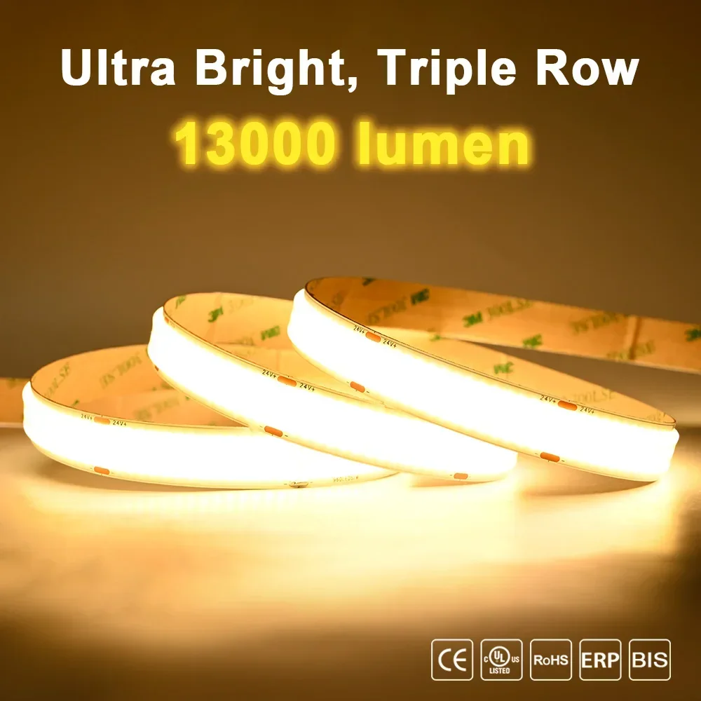 

3 Row COB LED Strip Light 2600lm/m High Brightness Density 960 LEDs/m Flexible Dimmable Led Tape RA90 3000K 4000K 6500K DC24V