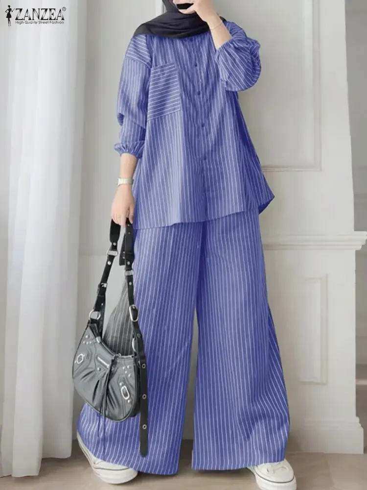2026 ZANZEA Women Spring Matching Sets Lapel Neck Long Sleeve Shirt Pants Sets Fashion Stripe Tracksuit Muslim Outfits Oversize