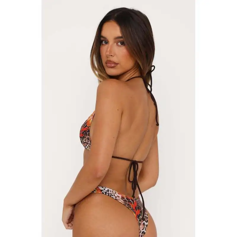 Vintage Leopard Floral Bikini Lace Edge Triangle Swimsuit Side Tie Bathing Suit For Women