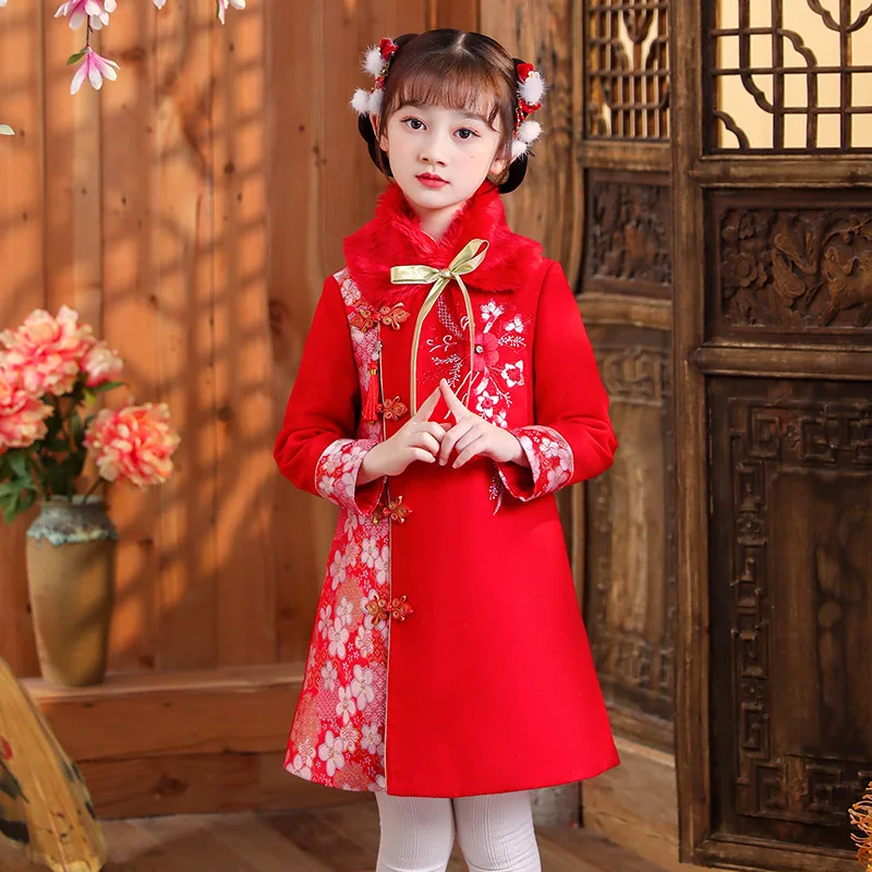 Girls\' Hanfu New Year\'s Clothing Children\'s Warm Cheongsam Chinese Tang Suit Kid Winter Plus Velvet Cute Embroidery Party Dress