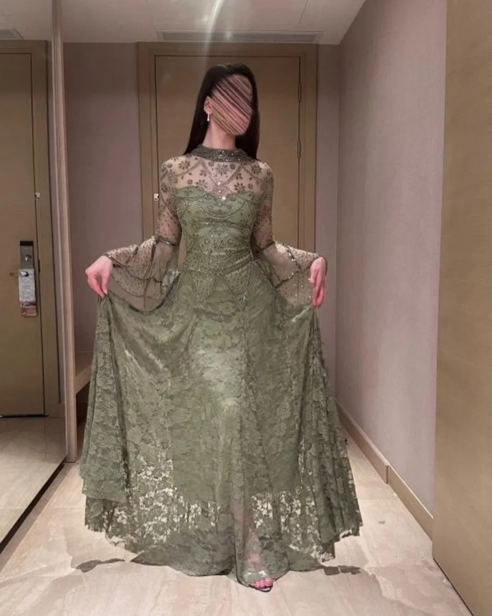 

Индивидуальные высококачественные женские вечерние платья А-силуэта с кружевом, пайетками и бисером, модные, с высоким воротником, длинными рукавами, в пол