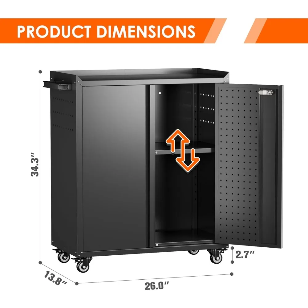 Aobabo 2-дверный металлический шкаф для хранения инструментов на колесах, запирающий стальной шкаф для инструментов на колесиках, гаражный шкаф для хранения с 1 полками, A