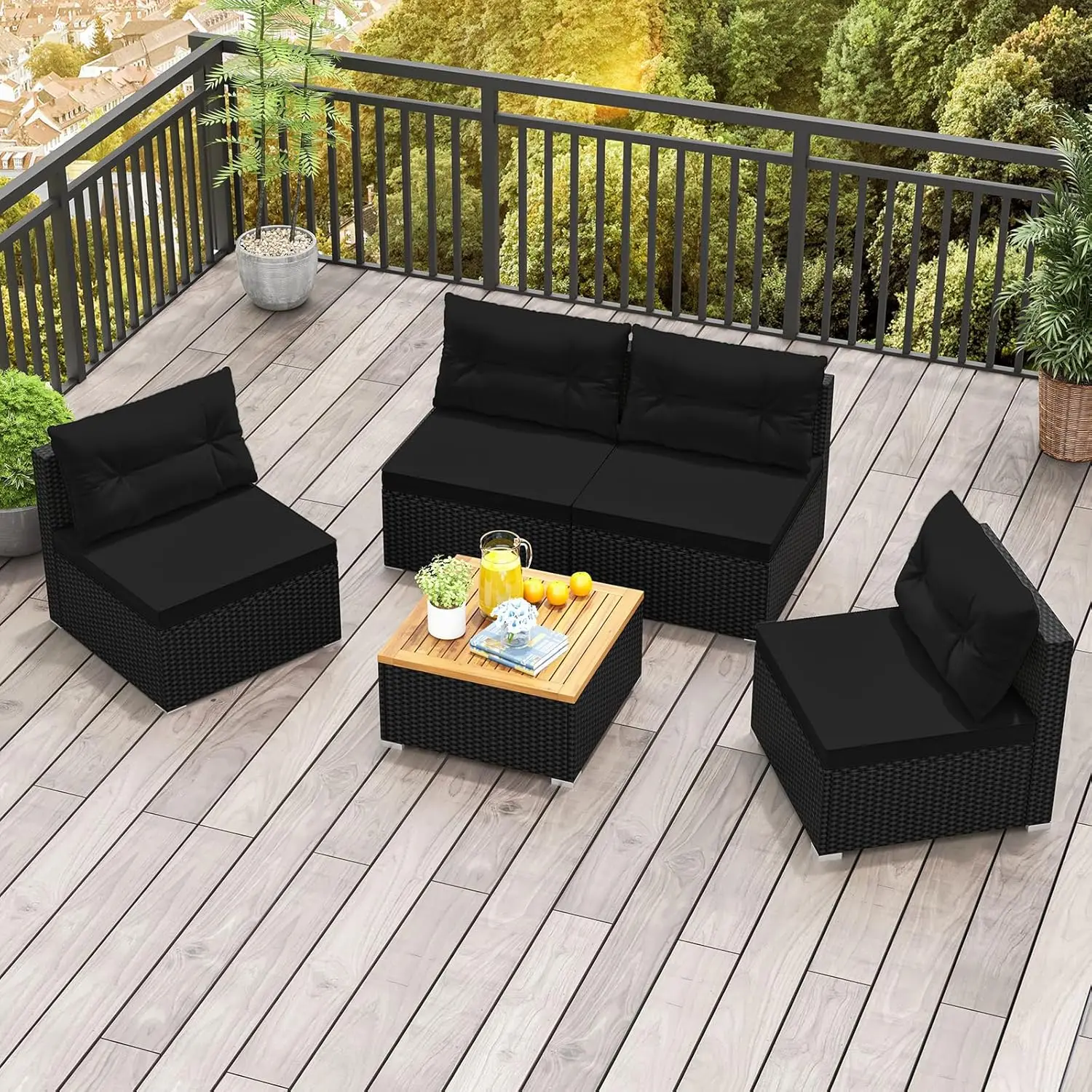 5Piece Wicker Outdoor Furniture-PE Rattan Sectional Conversation Set,Cushioned Patio Sofa Set for Garden Poolside Backyard Porch