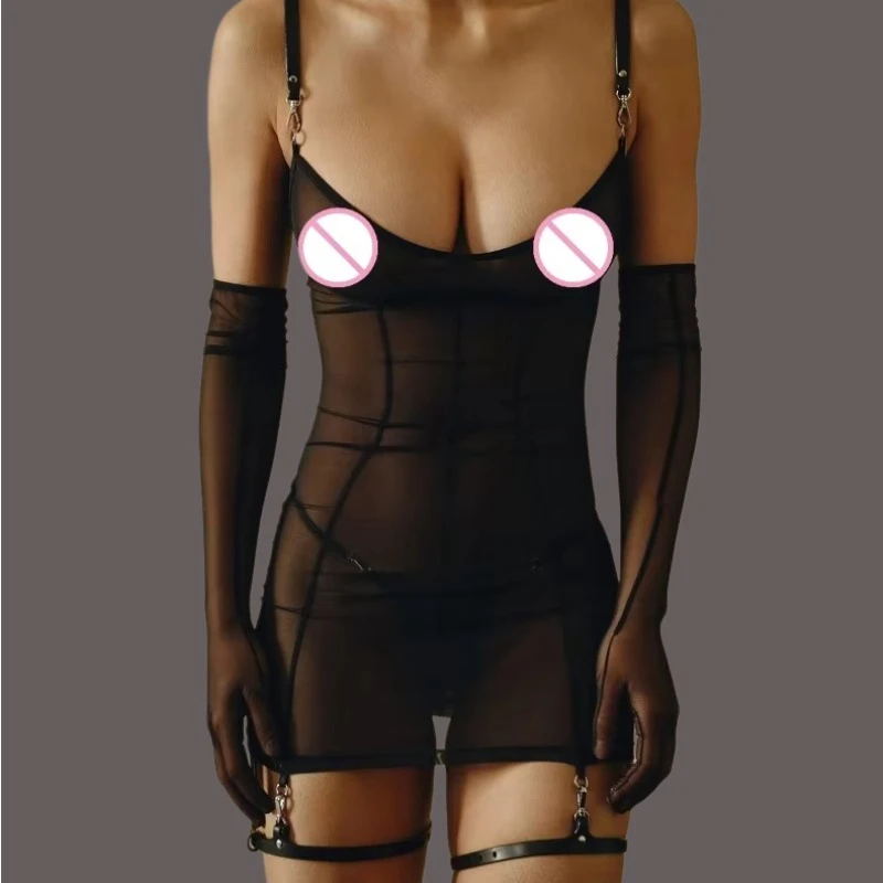 

Hot Sexy Lingerie Sets See Through Mesh Black Dress Thong 3PC Set with Gloves PU Leg Circles Harness Metal Fastener Party Kit