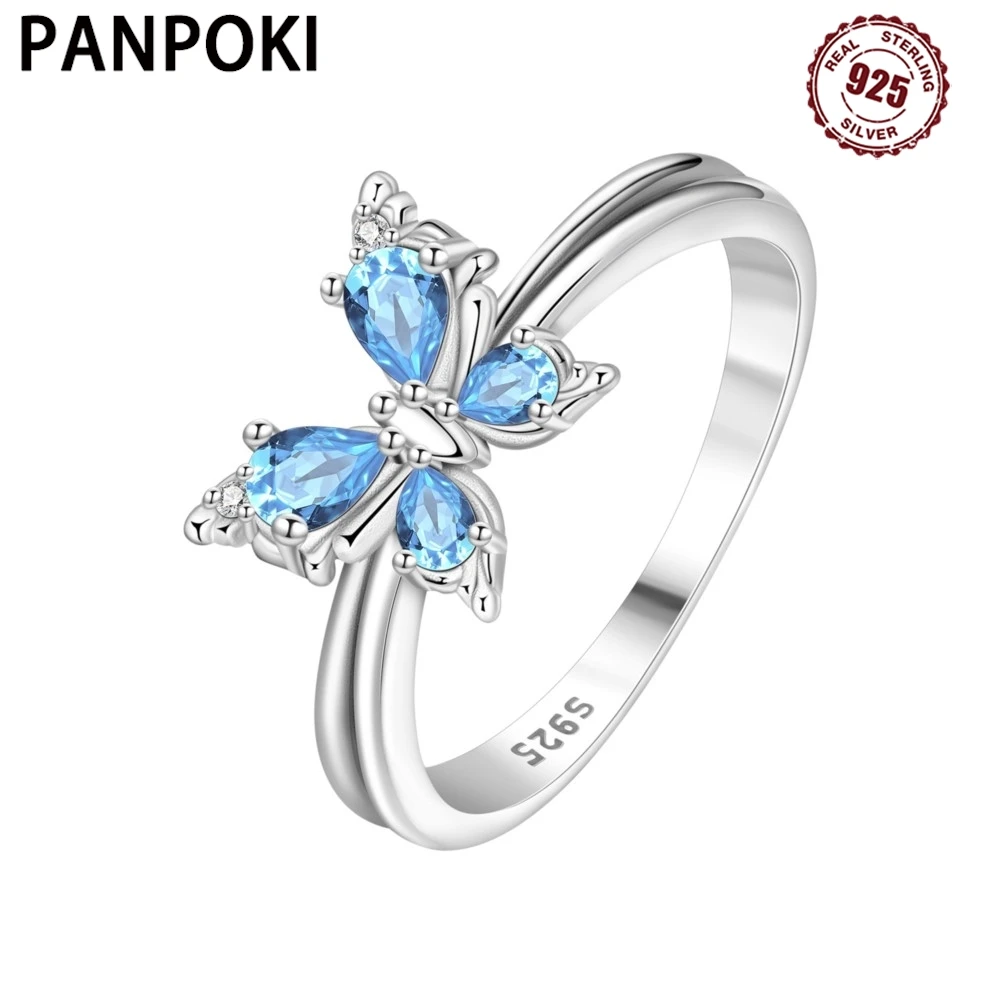 PANPOKI S925 Sterling Silver Blue Butterfly Insect Closed Ring For Women Original Finger Ring Jewelry Party Fine Trendy Gifts