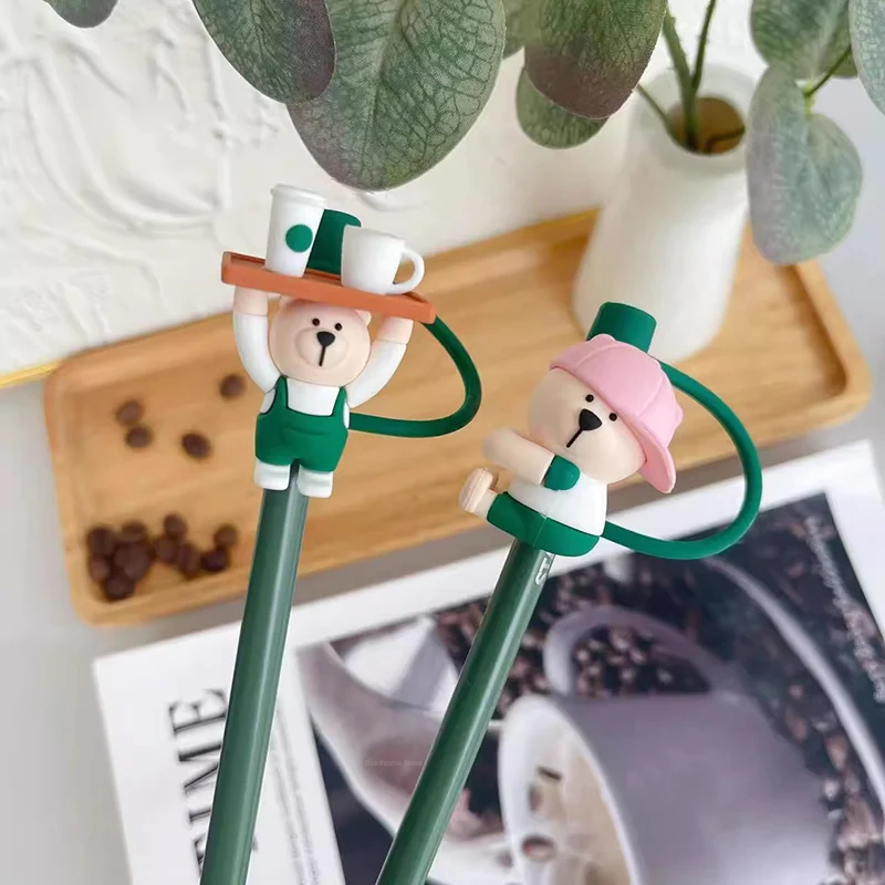 1PC Cute Bear Silicone Straw Cover Caps 7-8mm Straw Topper Reusable Splash Dust-proof Straws Cover For Tumbler Cup Accessories