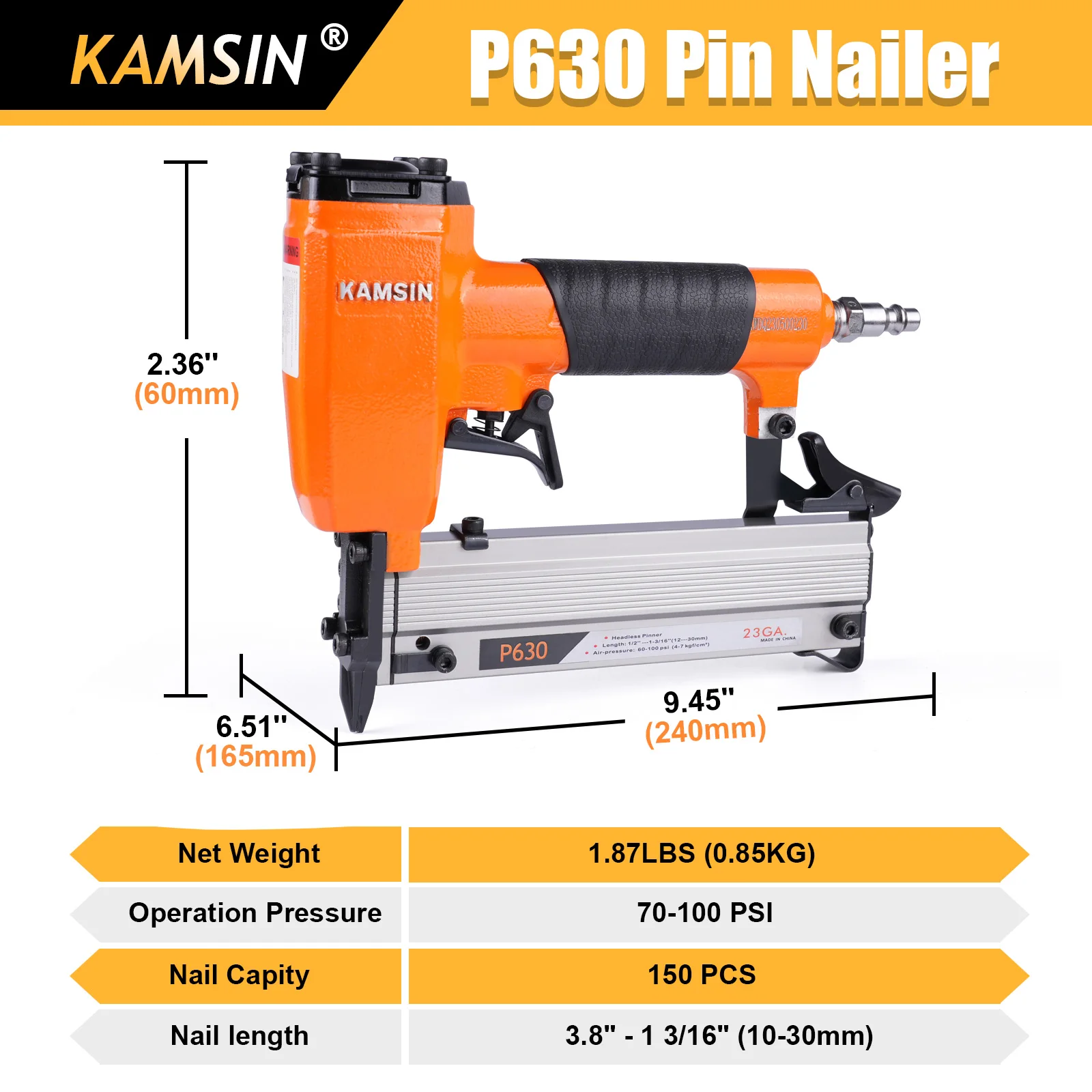 KAMSIN P630 23 Gauge Pneumatic Compact Headless Micro Pin Nailer Gun, Fits 10-30mm Leg Length Nails, for Cabinets, Woodworking