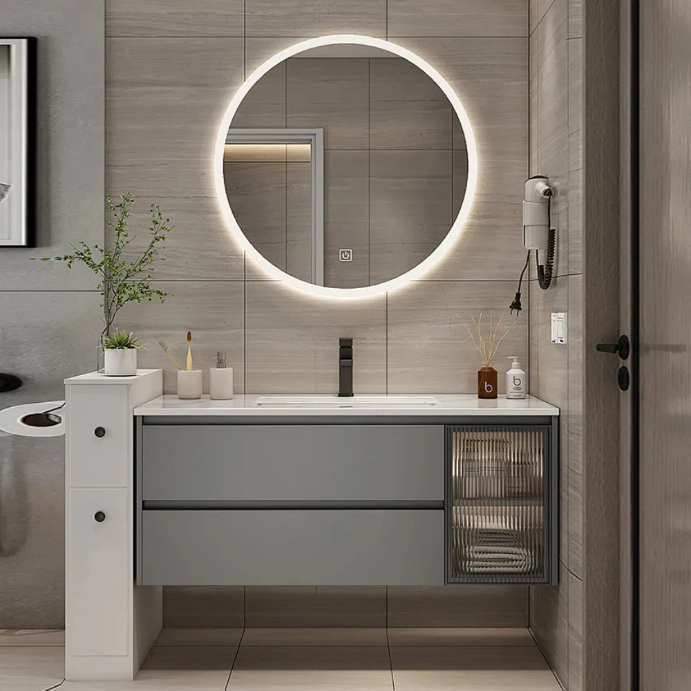 

Marble smart bathroom vanity cabinet with sink and mirror appearance combination