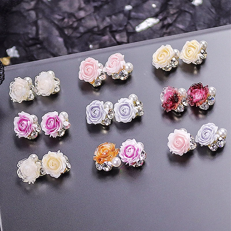 

10PCS Blooming Flowers Nails Charm Accessories With Stacked Rhinestones Pearl Beauty Nail Art Decoration Supplies Manicure Decor