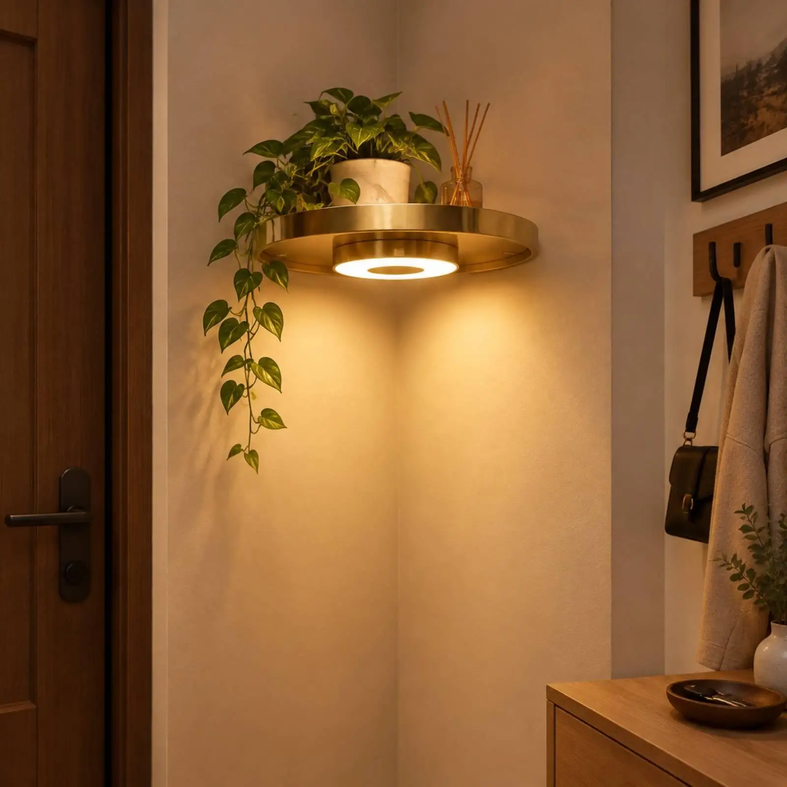 Circular Floating Wall Shelf with Gold Rim Metal LED Light for Living Room Decorative Display
