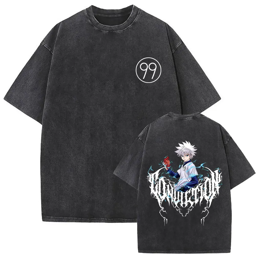 Gewaschenes Vintage Anime Hunter X Hunter Chrollo Lucilfer T-Shirt für Männer und Frauen Retro Manga Harajuku T-Shirts Übergroße Herren-T-Shirts – Detail 4