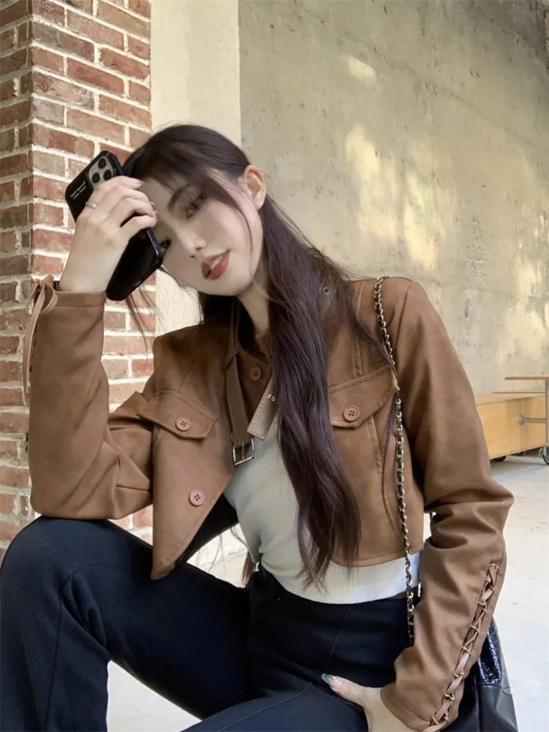 Chuanxi Travel Vintage Brown PU Leather Jaet Long Sve ort Motorcycle Sle Women's Top round Ne Button Closure