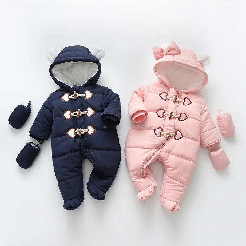 Infant Baby Winter Snowsuit Hooded Jumpsuit Coat Footie Onepiece Romper Toddler Jacket Outwear Gloves 3-24M