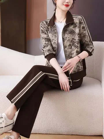 패션 세트 중년 여성 패션 봄 신상 프린트 캐주얼 스탠드 칼라 2피스 세트 라운지웨어 세트 중년 여성 세트 Best5