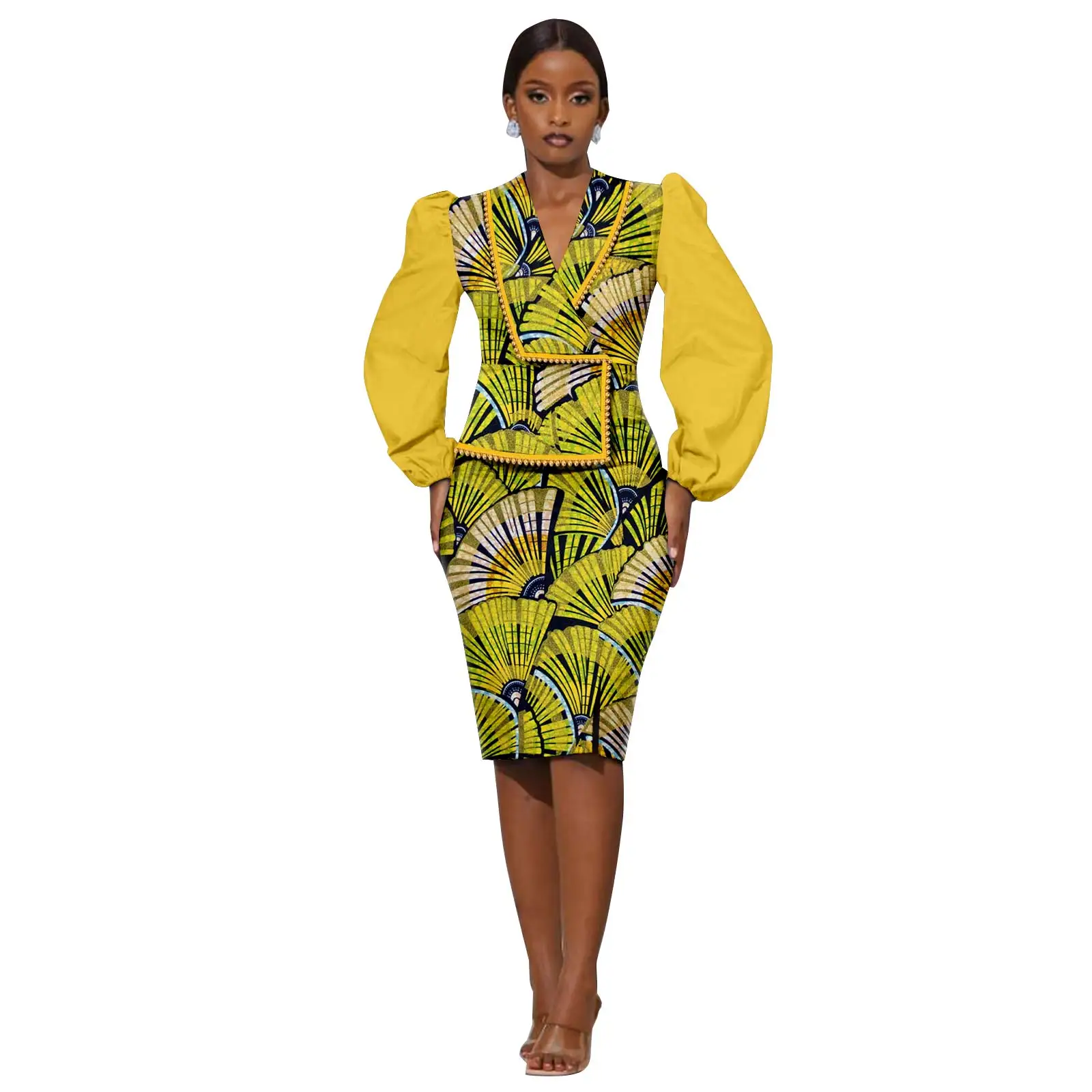 Afripride African Print Dress for Woman V Neck Long Sleeve Puff Sleeve Patchwork Knee-Length Casual Party Wear 2625061