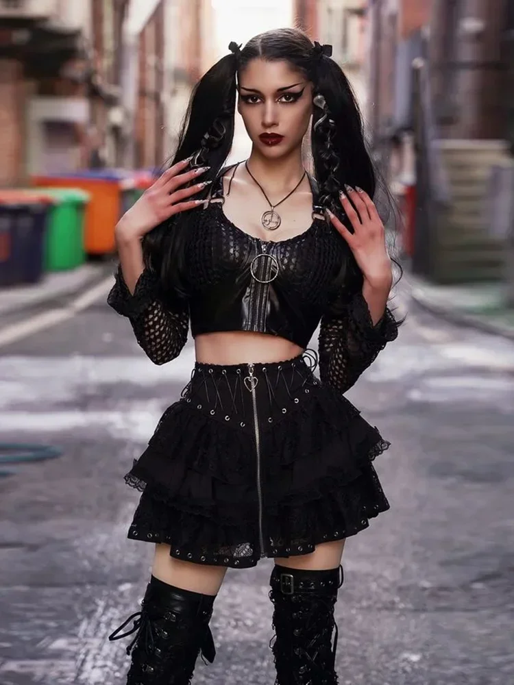 E-girl Gothic Lace Mini Pleated Skirt Women Punk Y2K Aesthetic High Waist A-Line Short Skirt 90s Vintage Harajuku Streetwear