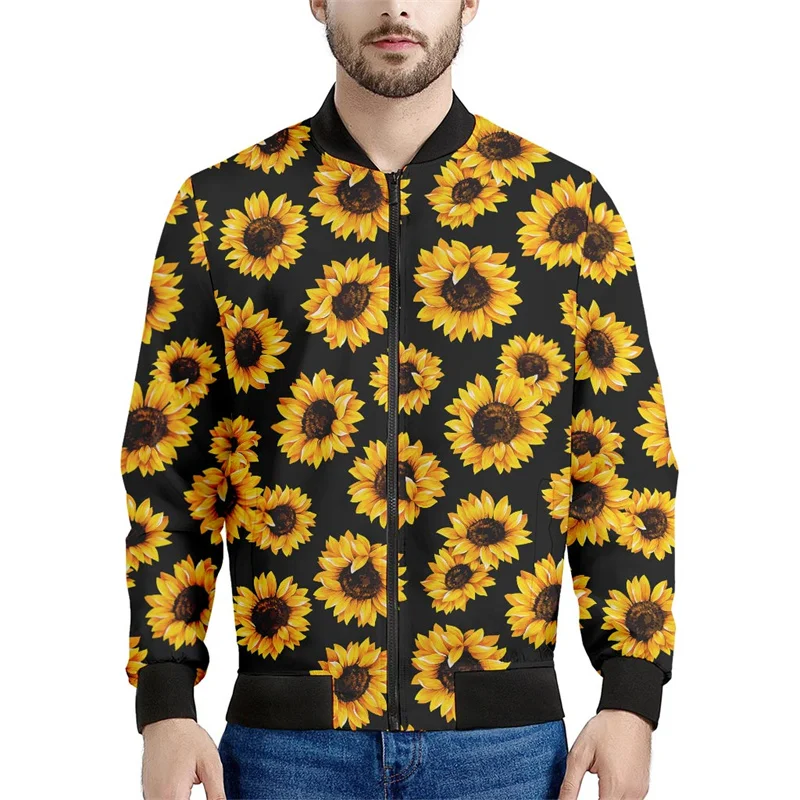 Fashion Sunflower Pattern Zipper Jacket For Men 3d Printed Plants Floral Sweatshirts Street Long Sleeves Oversized Jackets Coats