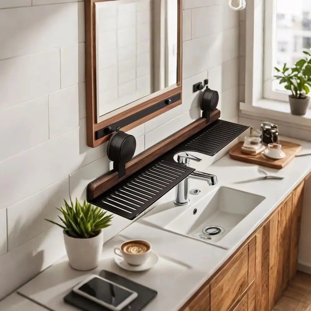 Walnut Finish Suction Cup Bathroom Shelf No Drill Drain Basket Over Faucet Sink Rack Wall Mount Rustproof