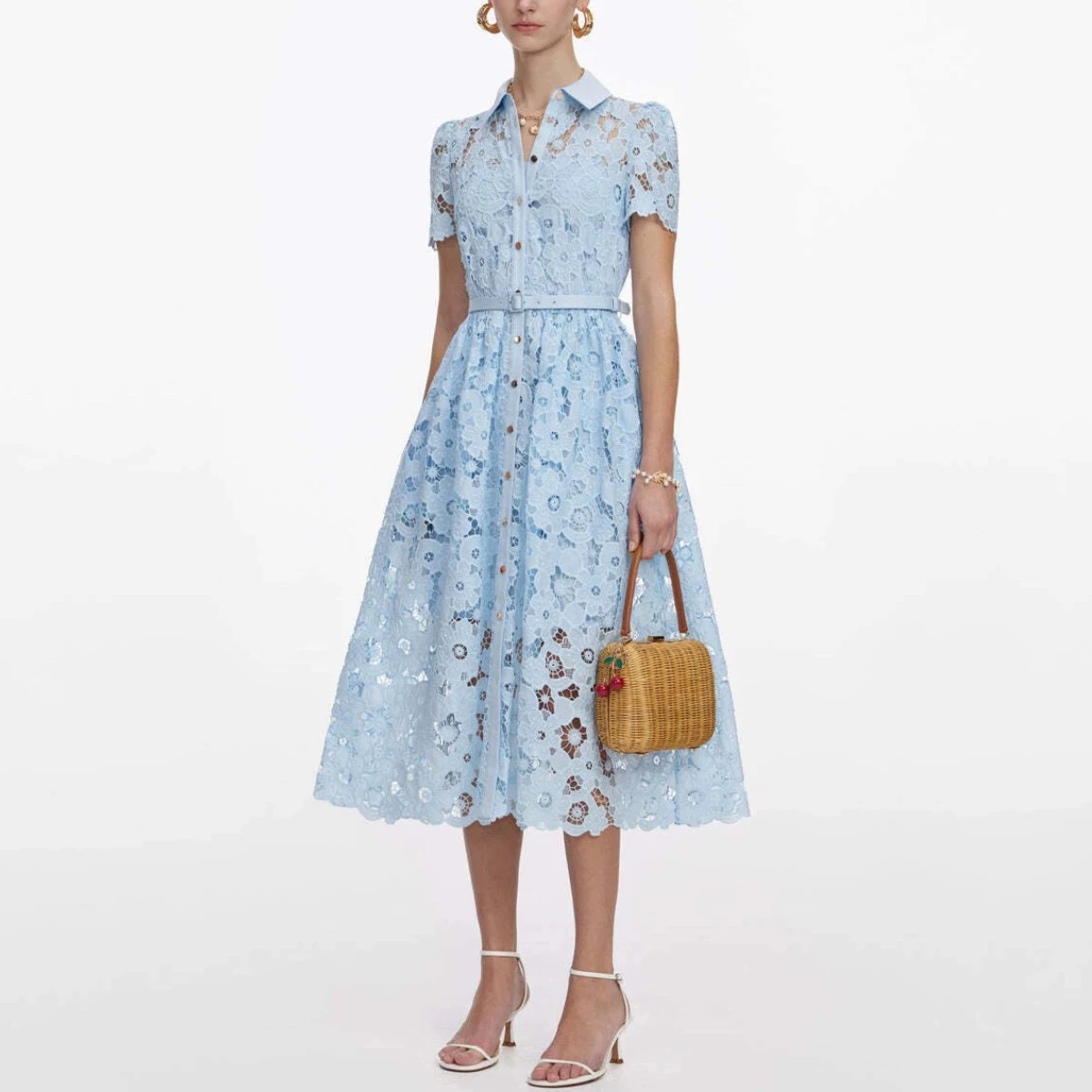 

Elegant Lace Hollow out Long Dress Women's Summer Holiday Short Sleeve Single-Breasted Belt Embroidery Evening Party Vestido