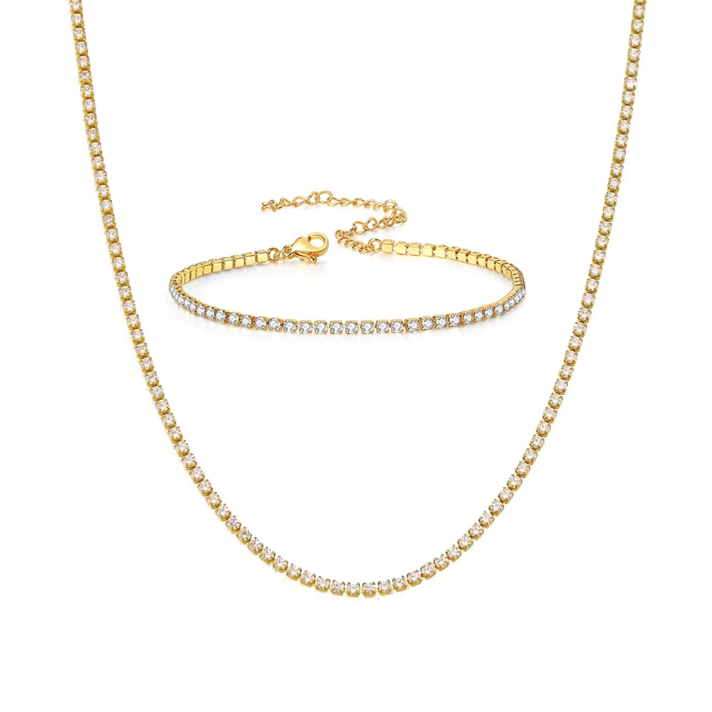 Punk 2mm Iced Out Tennis Kette Set Gold Silber Farbe Edelstahl CZ Halsband Halskette Armband für Frauen Partei schmuck Sets