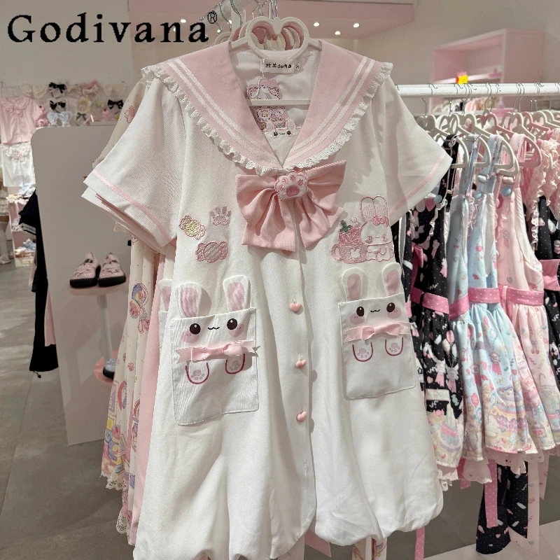 

Japanese Girls Sweet Kawaii Short Dress Autumn New Cute Bowknot Rabbit Ear Embroidered Short Sleeve Dress Daughter's Clothes