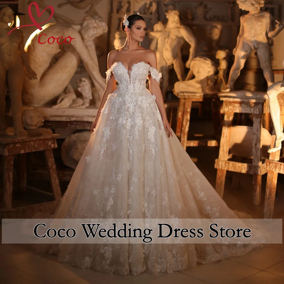 Customized Off The Shoulder Short Sleeve Sweetheart Neck Pearls Flowers Appliques Lace A-Line Wedding Dresses Robe De Mariée