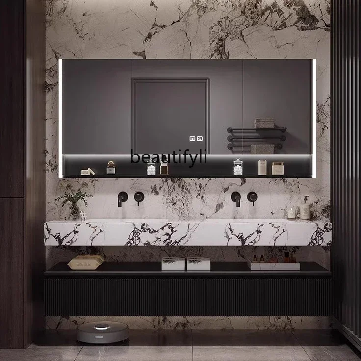 

FF Stone Plate Seamless Integrated Double Basin Bathroom Cabinet Bathroom Table Custom Face Washing Wash Basin Cabinet Combinati