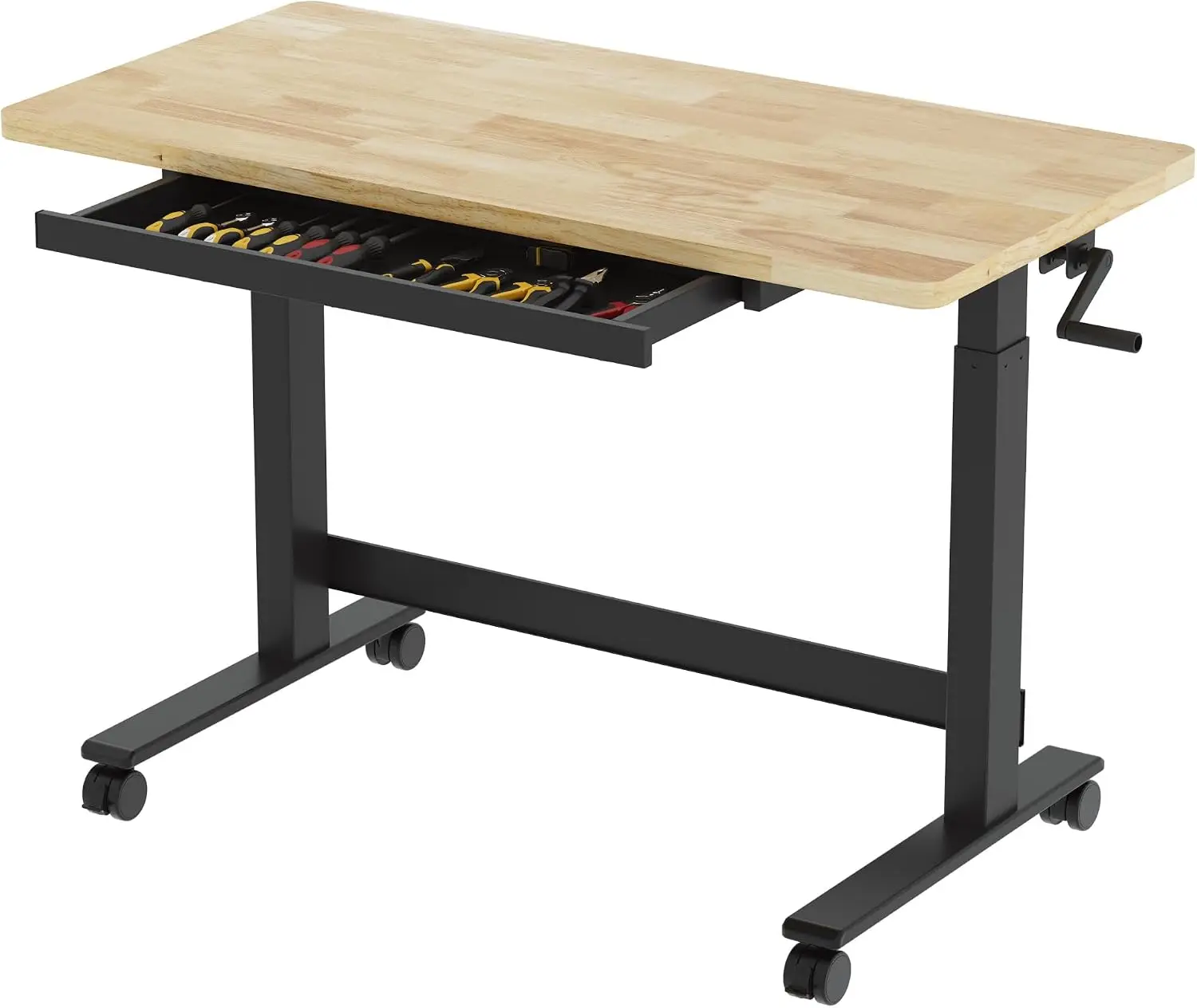 Rubberwood Top Heavy Duty Steel Frame Adjustable Height Hand Crank Workbench 47.2 X 23.6 Drawers 360 Wheels Garages Studios Kitc