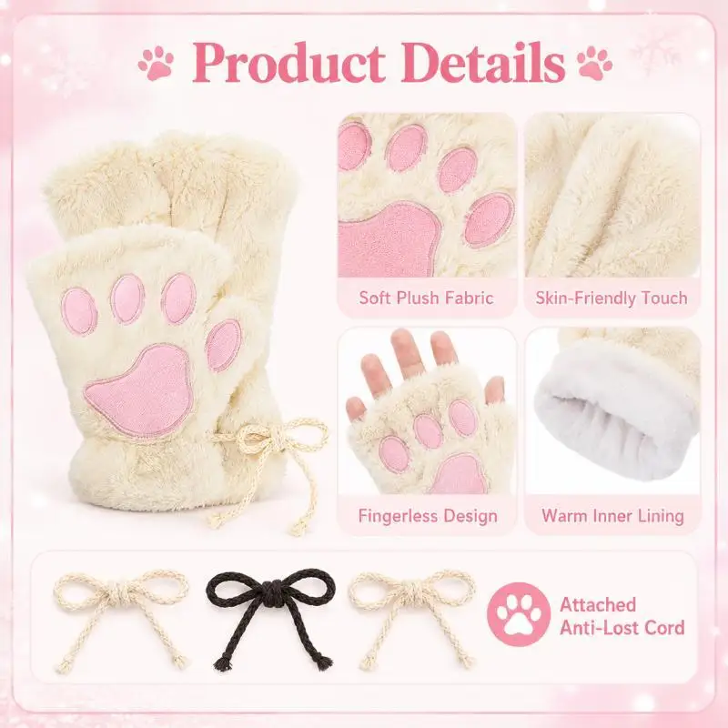 Winter Cat Paw Fingerless Gloves, Fuzzy Plush Half Finger Warm Mittens for Women, Cute Cozy Gloves for Typing Driving